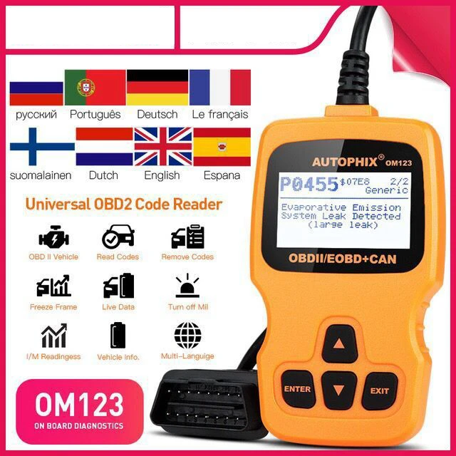 Автомобильный Ручной OM123 OBD2 большой ЖК-дисплей Дисплей двигатель код ридер автомобильный диагностический декодер Авто сканирующий инструмент для диагностики сканер
