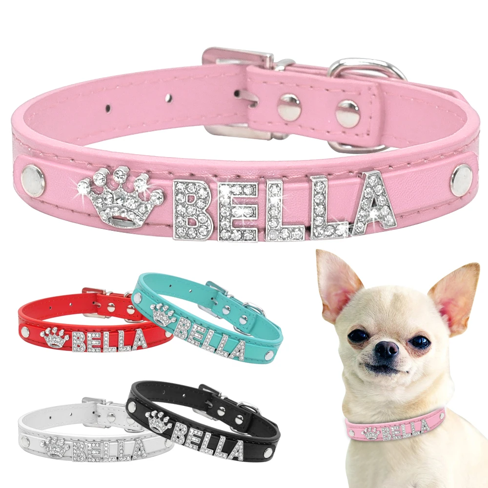 

Dog Collar for Chihuahua Personalized Rhinestone PU Leather Dog Collars Pink Collar for Small Dogs Pet