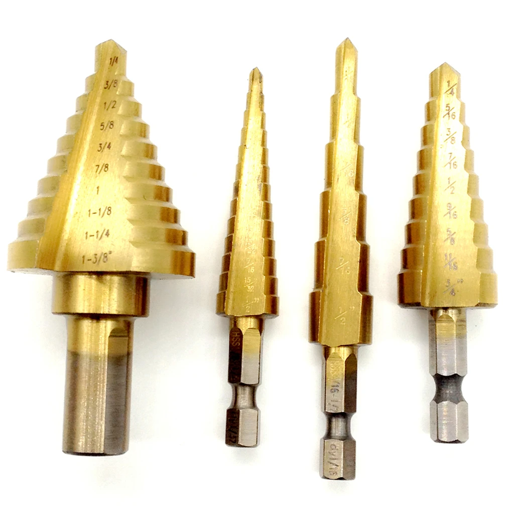 

4Pcs Inch Spiral Flute The Pagoda Shape Hole Cutter HSS Steel Cone Drill Bit Set HSS Steel Step Sharpening