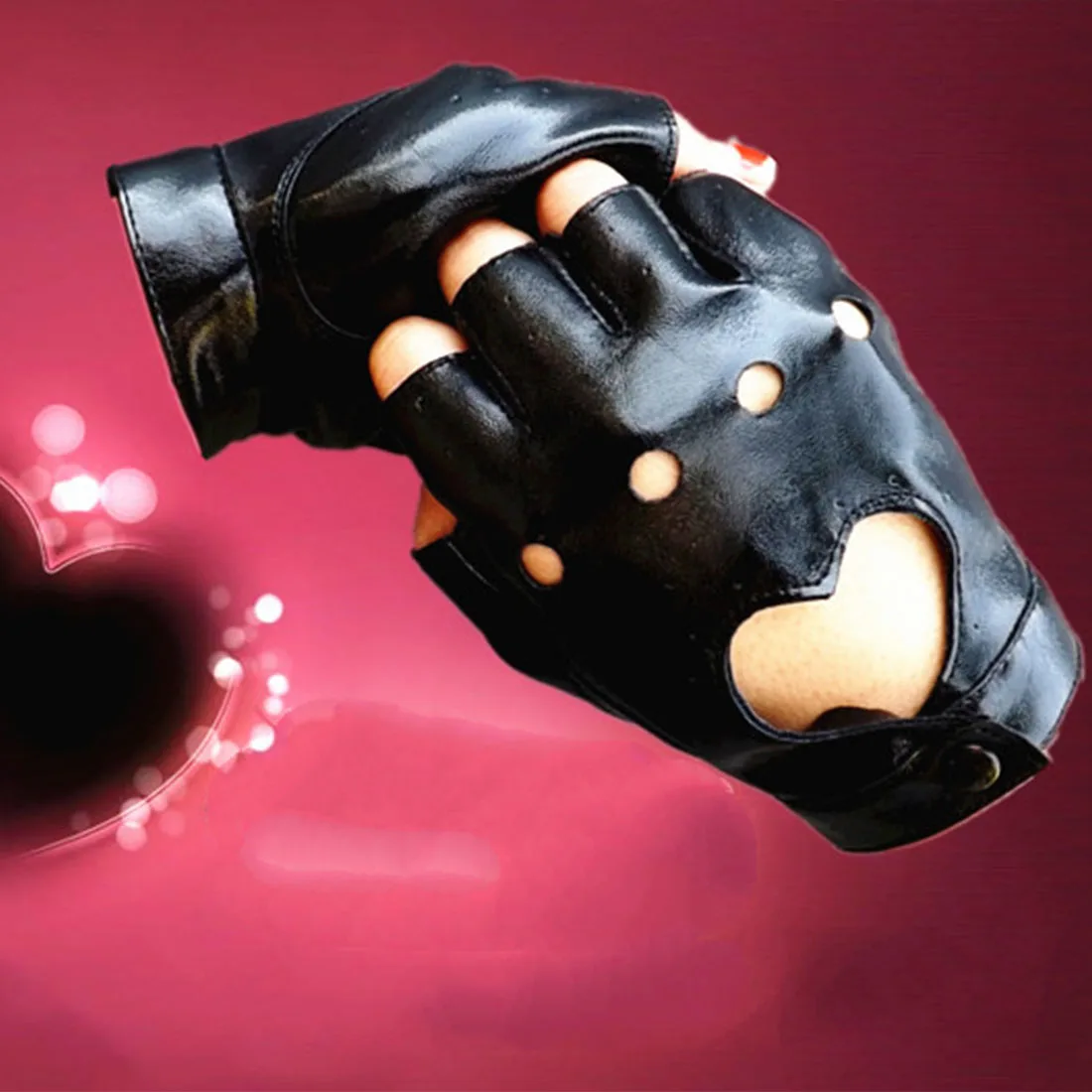 Женские перчатки с полупальцами в стиле хип-хоп, женские перчатки из искусственной кожи, вырез в форме сердца, сексуальные перчатки без пальцев для девушек, для танцев