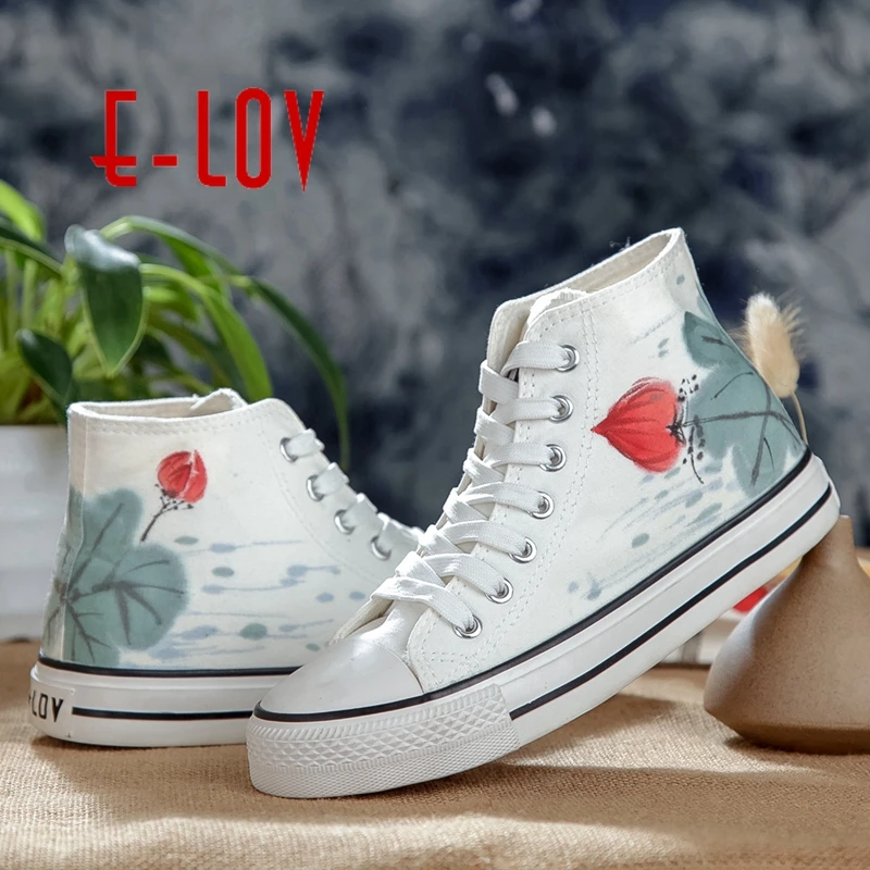 

E-LOV Chinese Style Hand Painted Canvas Shoes Vintage Women High Top Casual Flat Shoes Unisex Espadrille Chaussures Femmes