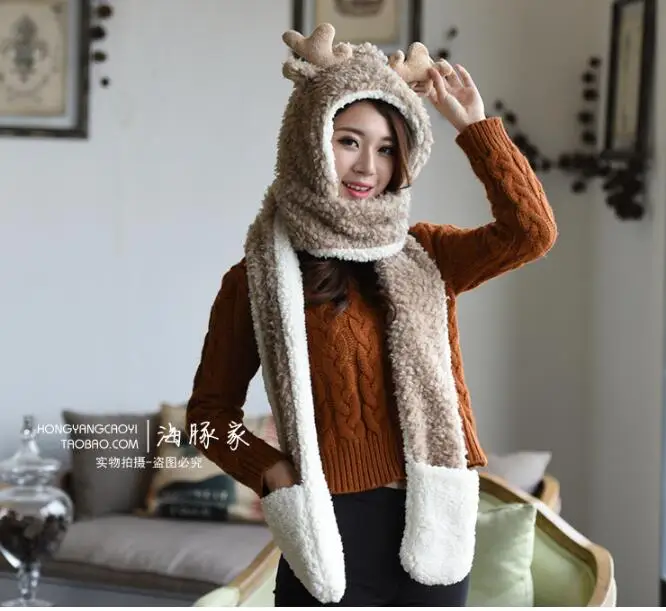 С изображением оленьих рогов; зимняя теплая Для женщин шарф худи перчатки карман шапка с ушами длинный шарф шаль шарфы-Снуды на Рождество, с оленем, шапка-ушанка