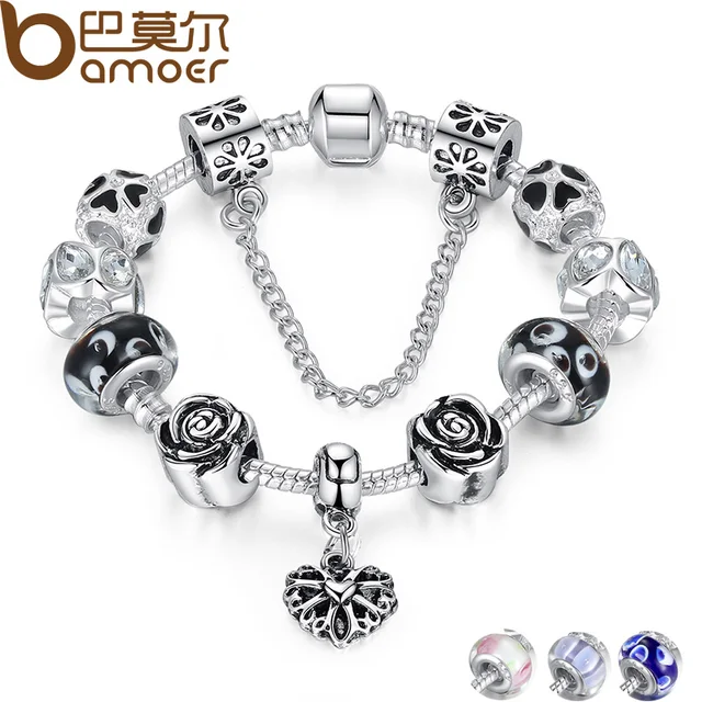Bamoer 4 Colors Silver Heart Charm Bracelet With Safety Chain Bamoer 4 Colors Silver Heart Charm Bracelet With Safety Chain Black Beads Authentic