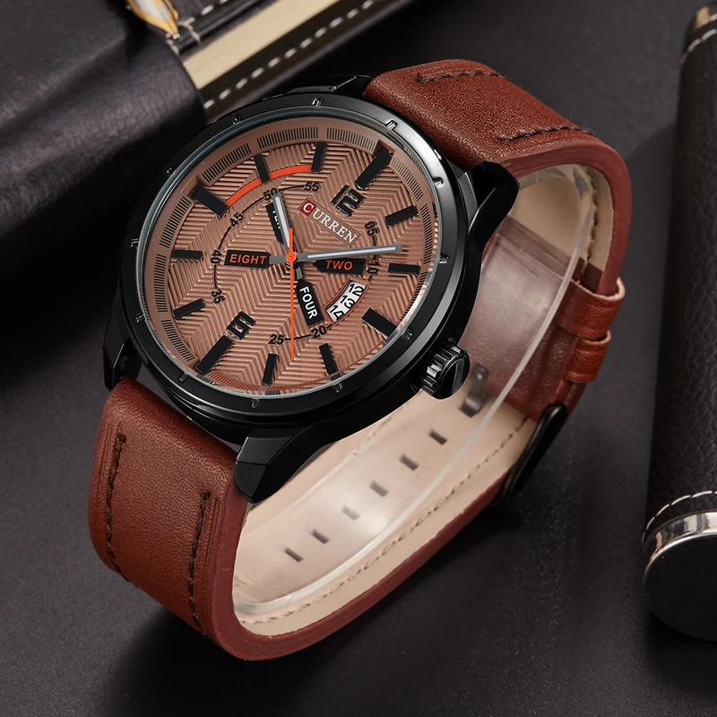 

CURREN Luxury Quartz Watches Men Display Calendar Genuine Leather Strap Waterproof Clock Man Watches Men Fashion Watch 8211