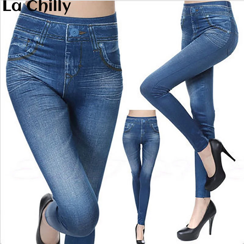 Имитация ковбоя тонкие леггинсы Новая Мода Леггинсы для женщин джинсовые узкие брюки фитнес плюс размер леггинсы