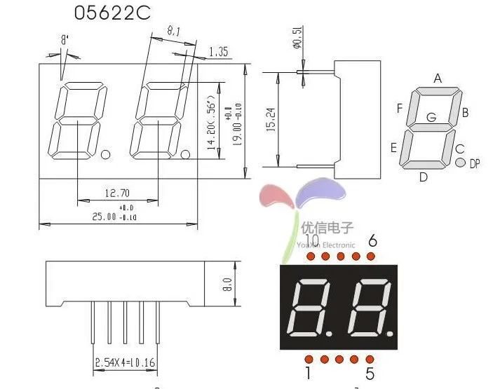 10 шт. 2bit 2 битовая цифровая трубка общий анод положительный 0,56 "0.56in. Красный светодиодный 7 сегментов в наличии