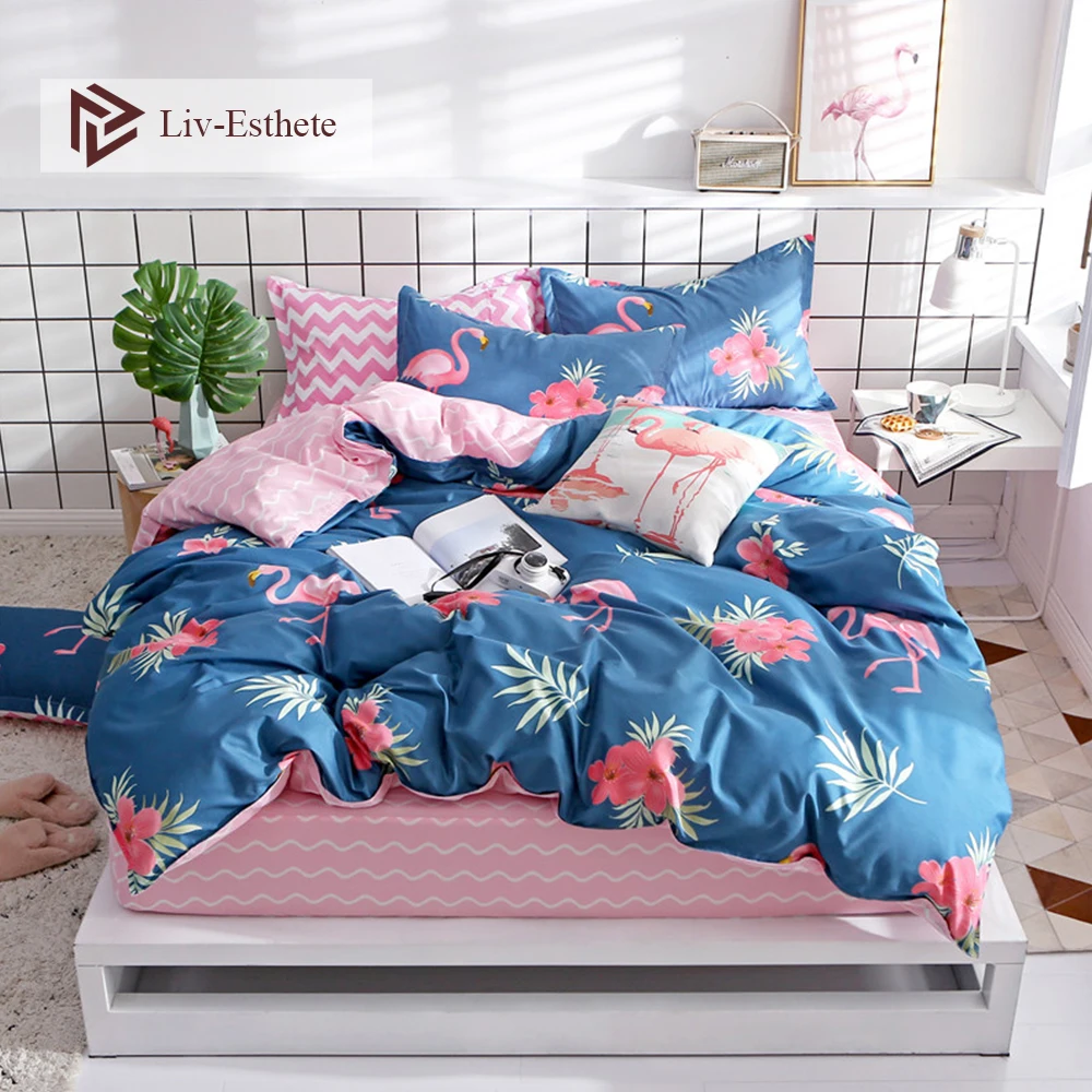 

Liv-Esthete Fashion Flamingo Blue Bedding Set High Quality Soft Duvet Cover Pillowcase Bed Linen Fitted Sheet For Gift Hot Sale