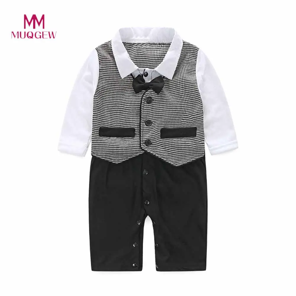 

Baby Boy Formal Party Christening Wedding Tuxedo Waistcoat Bow Tie Suit Boy Gentleman Small Lattice Bow Tie Long Sleeve Romper