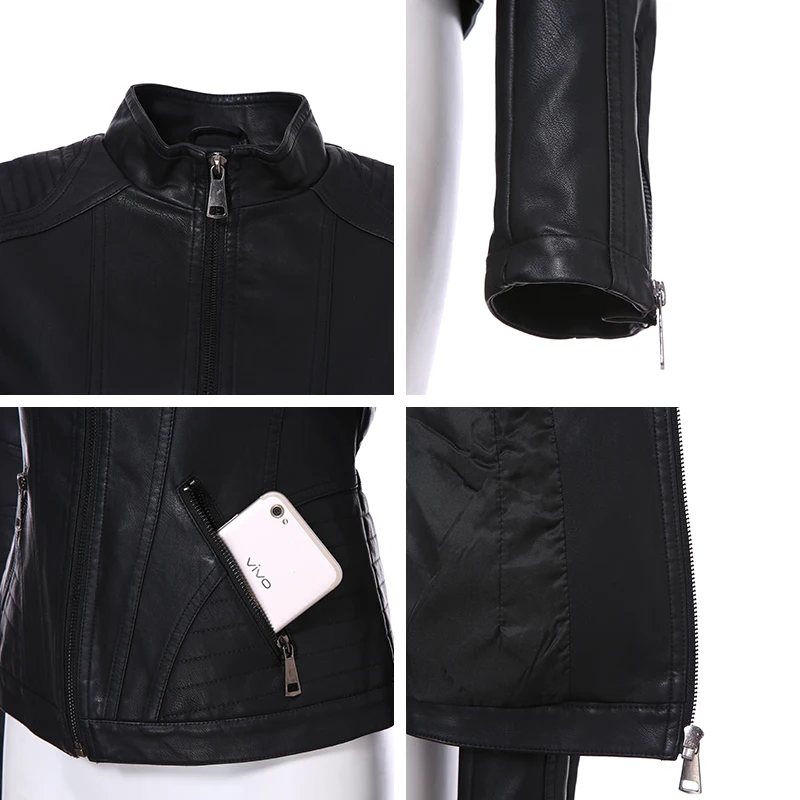 AORRYVLA 2018 New Autumn Leather Jacket Women Black Color Mandarin Collar Zippers Short Female Faux Leather Jackets High Quality