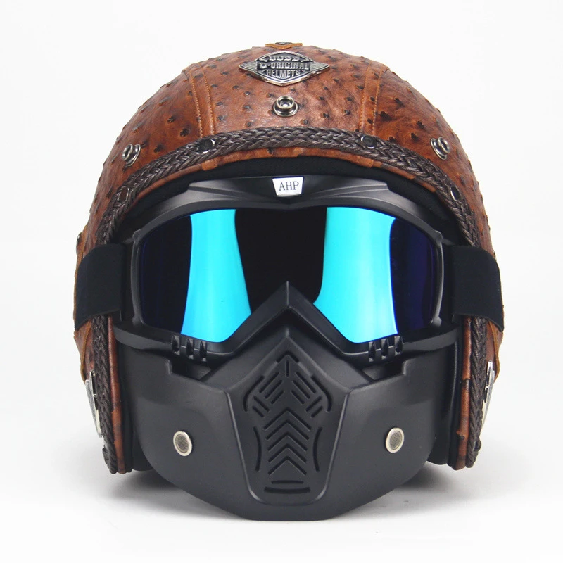 Vintage leather motorcycle motorbike open face helmet 3/4 with face mask
