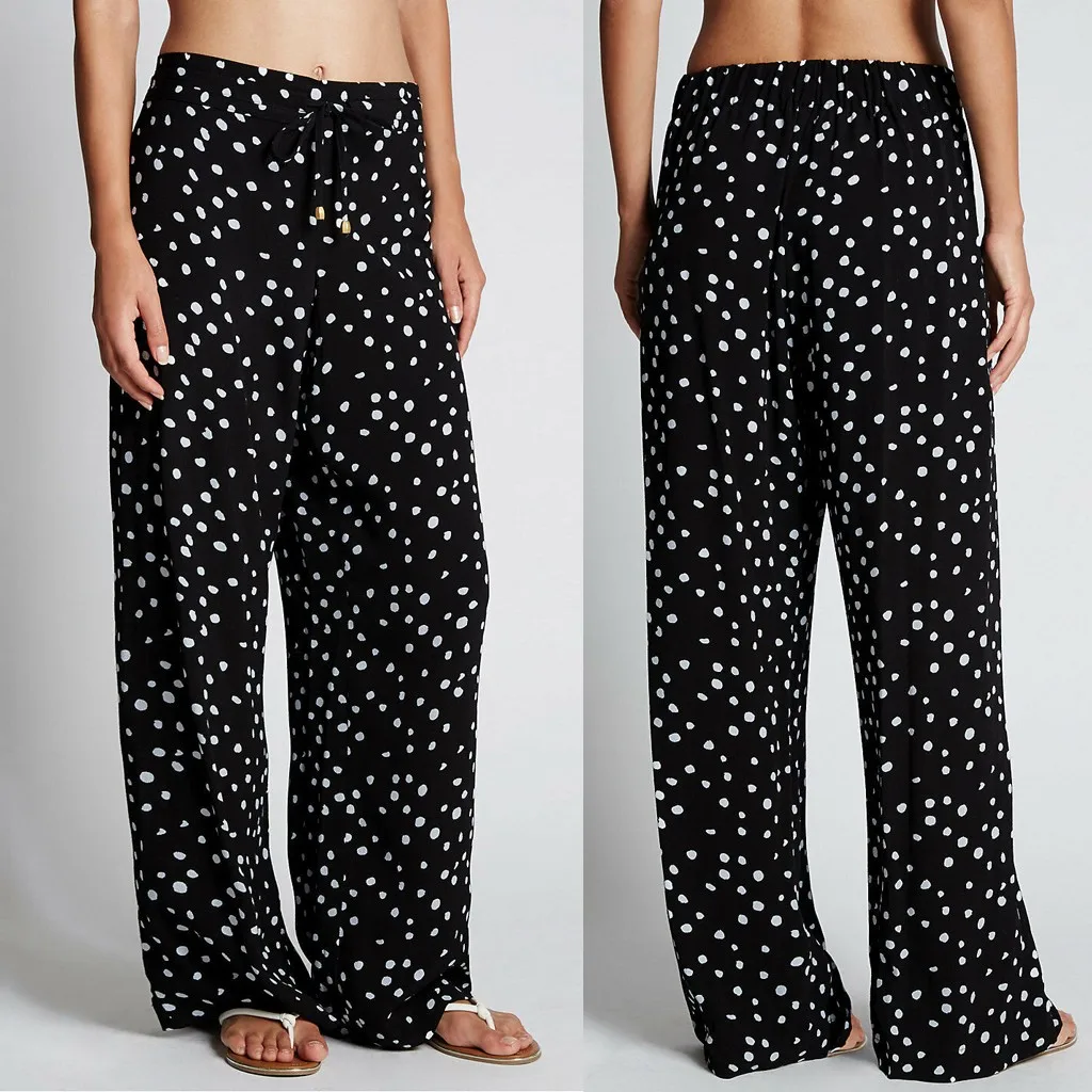 

Feitong Fashion Women Pants Casual Straight Wide Leg Dot Print Elastic Waist Strappy Long Pant for Woman Summer Loose Trousers