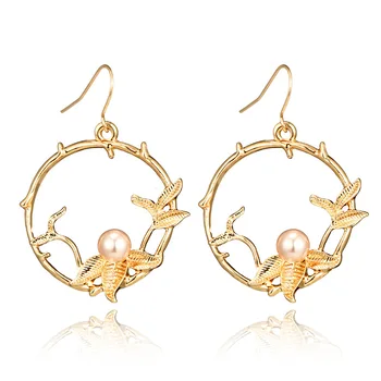 

New Fashion Elegant Big Round Circle Flower Drop Earrings For Women Simulated Pearl Leaf Pendientes Wedding Jewelr