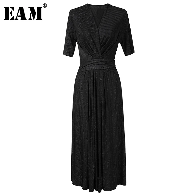 

[EAM] 2019 New Spring Summer Round Neck Half Sleeve High Waist Pleated Knot Brief Temperament Dress Women Fashion Tide JX586