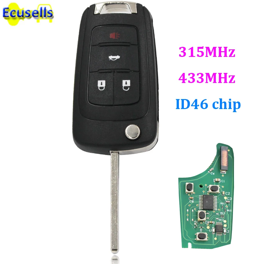 

4 Buttons folding Flip Remote Key fob 315MHz 433mhz with ID46 chip For Chevrolet Cruze Camaro Equinox Malibu Sonic HU100 uncut