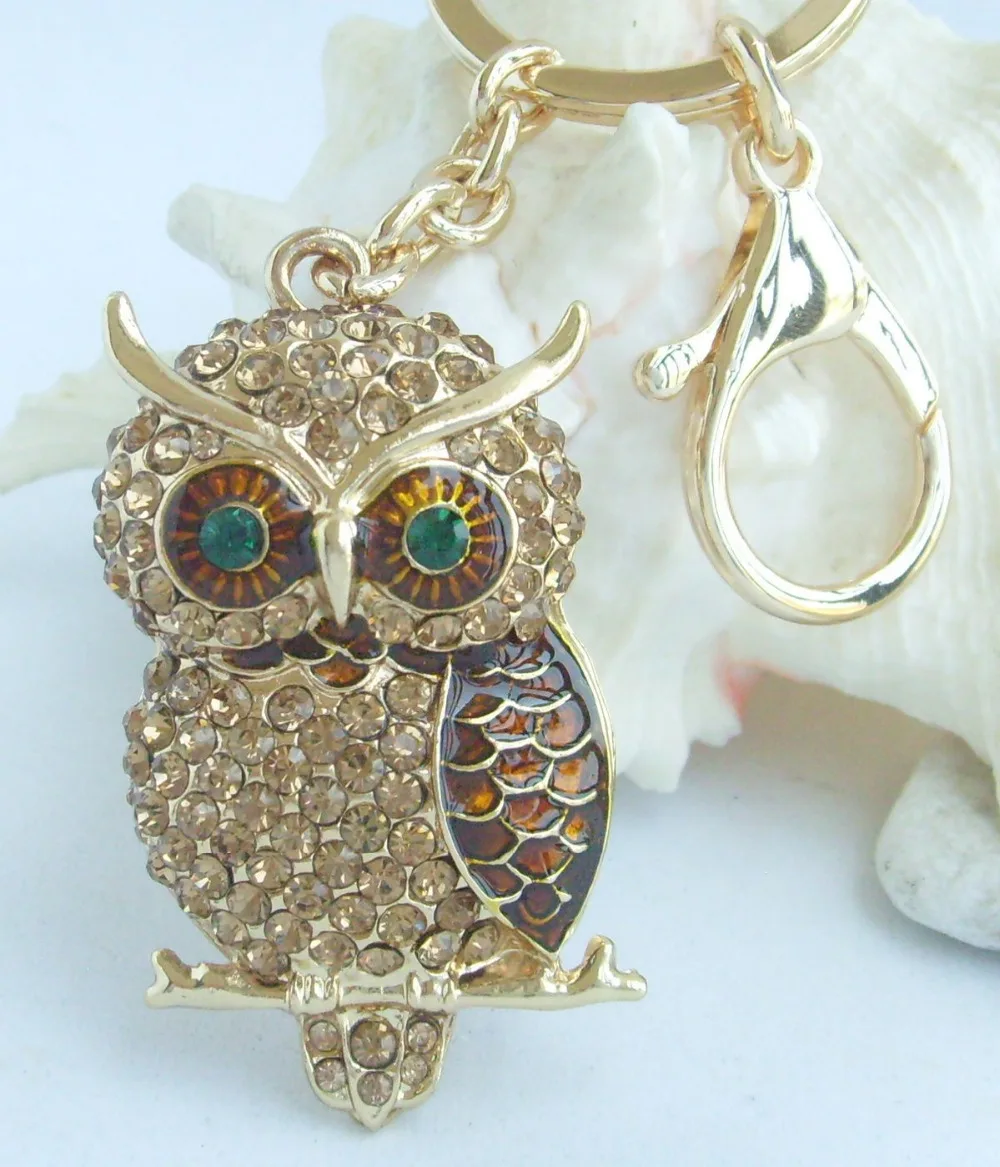 Unique Animal Bird Owl Keychain Pendant Brown Rhinestone Crystal Kpy03502c3 Key Chains