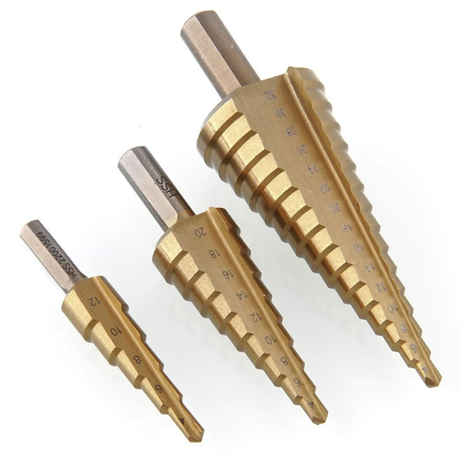 3 pcs / lot hss step drills set 4 12mm 4 20mm 4 32mm titanium coated