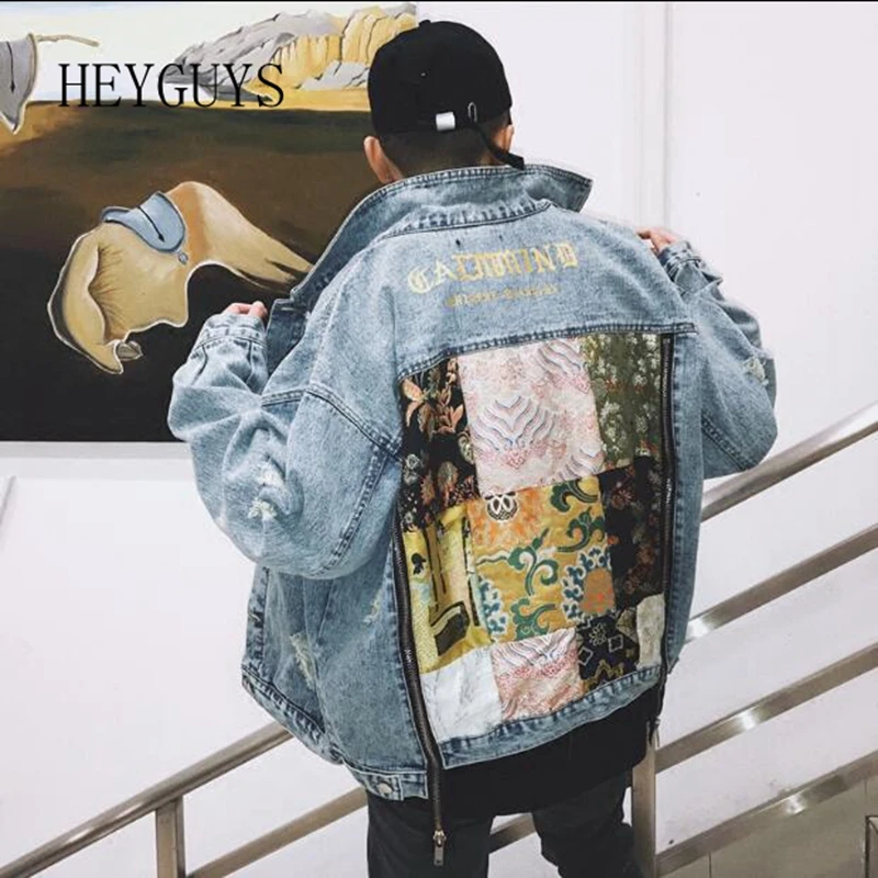 

2018 new retro zipper loose denim jacket street fashion men and women jacket retro hole flower stitching casual jacket jacket