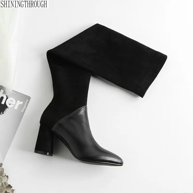 

Woman over the Knee High Boots Genuine leather high Heels Design Women Shoes poined toe Women Motorcycle Boots large Size 34-42