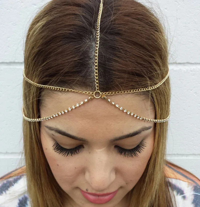 Women Simple Gold Boho Multi Layer Bridal Wedding Metal Head Chain Jewelry Bohemian Crystal Headpiece Headband Hair Band | Украшения и