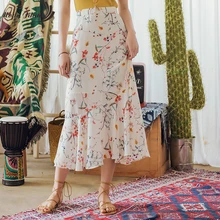 Moda Jihan новые женские юбки летние цветочные печатных шифон АСИММЕТРИЧНЫМ ПОДОЛОМ Труба Русалка Дамы Boho юбки персик юбка