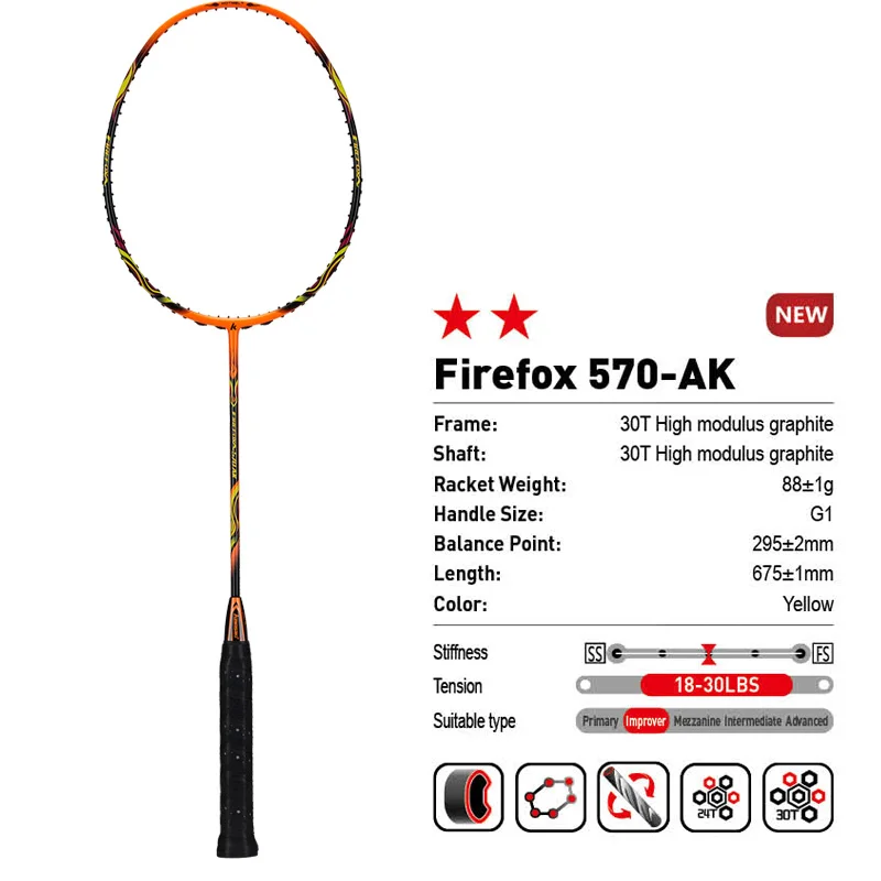 

KAWASAKI Original 30TBadminton Racket Offensive Type 18-30LBS Graphite Fiber Badminton Racquet 2 Stars FIREFOX 570-AK