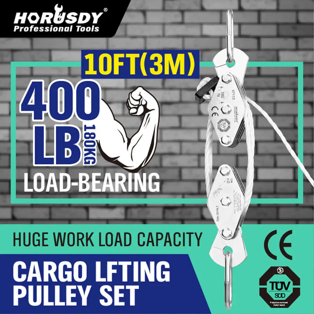 HORUSDY 180Kg Cargo Lifting Pulley Set, Winch Hoist Rope Pulley Puller Kit