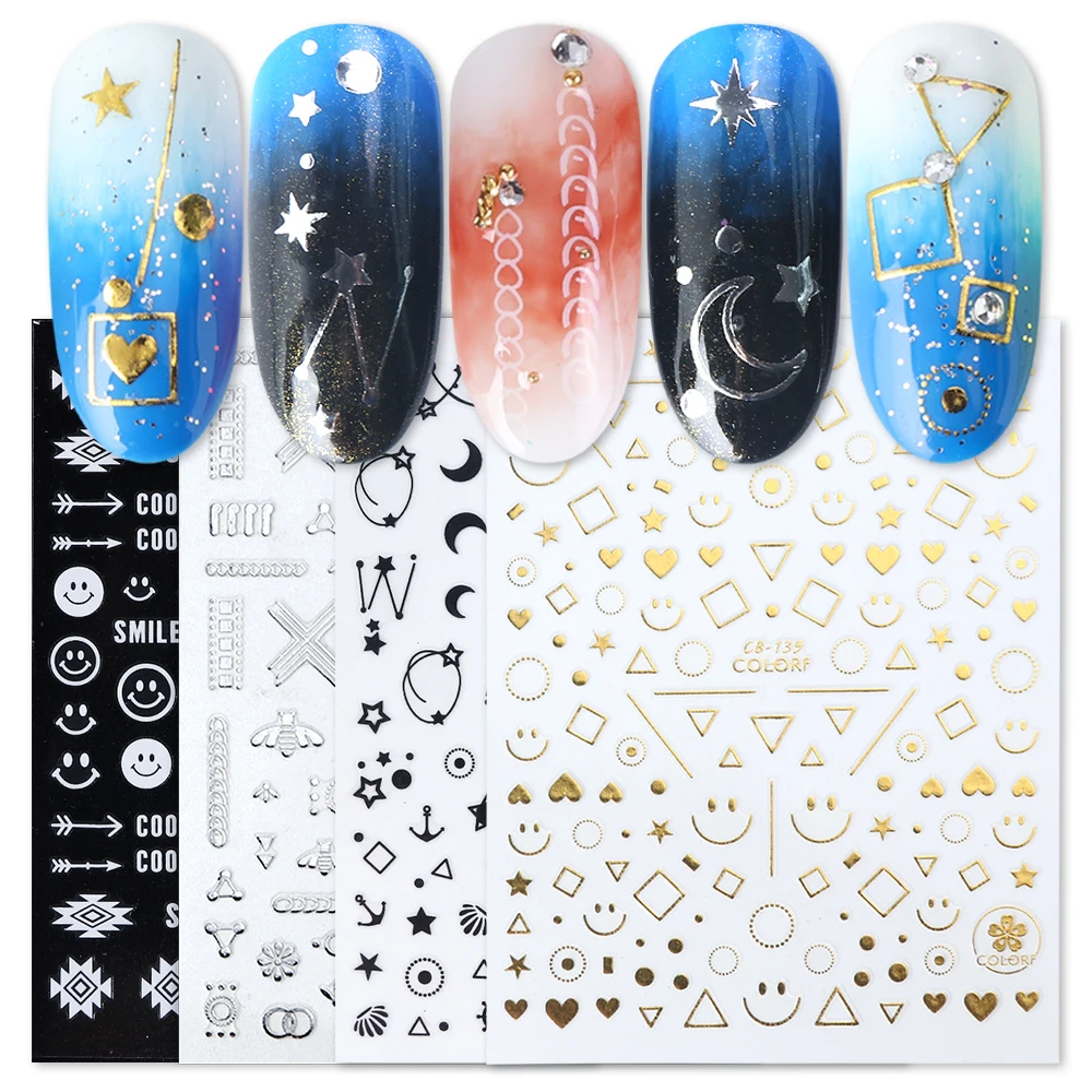 

8pcs Gold Silver Slider Hollow 3d Nail Sticker Striping Tape Wave Line Smiley Adhesive Wrap Mixed Design for Nails BECB133-141-1
