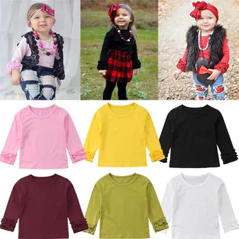 

Toddler Baby Girl Kids Autumn Spring Solid Color T shirt Long Lace Flower Sleeve Tops Tee Clothes Striped Cute T-shirt