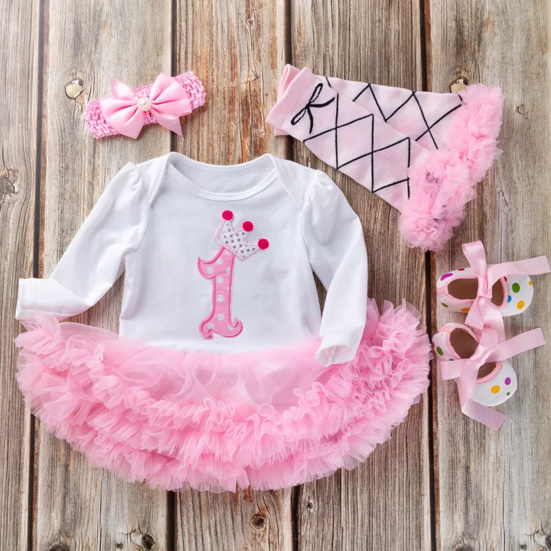 

2019 New Born Gowns Baby Rompers Baby Girls Jumpsuit Crown 1st Birthday Dress Lace 4pcs sets Spring Bebe Clothing Infant Clothes