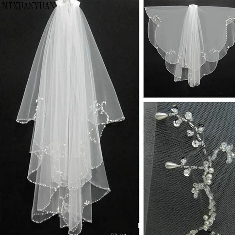 

Handmade Wedding Beaded Veil 2019 With Comb 2 Layers Tulle Sequins Beads Bridal Veil Wedding Accessories
