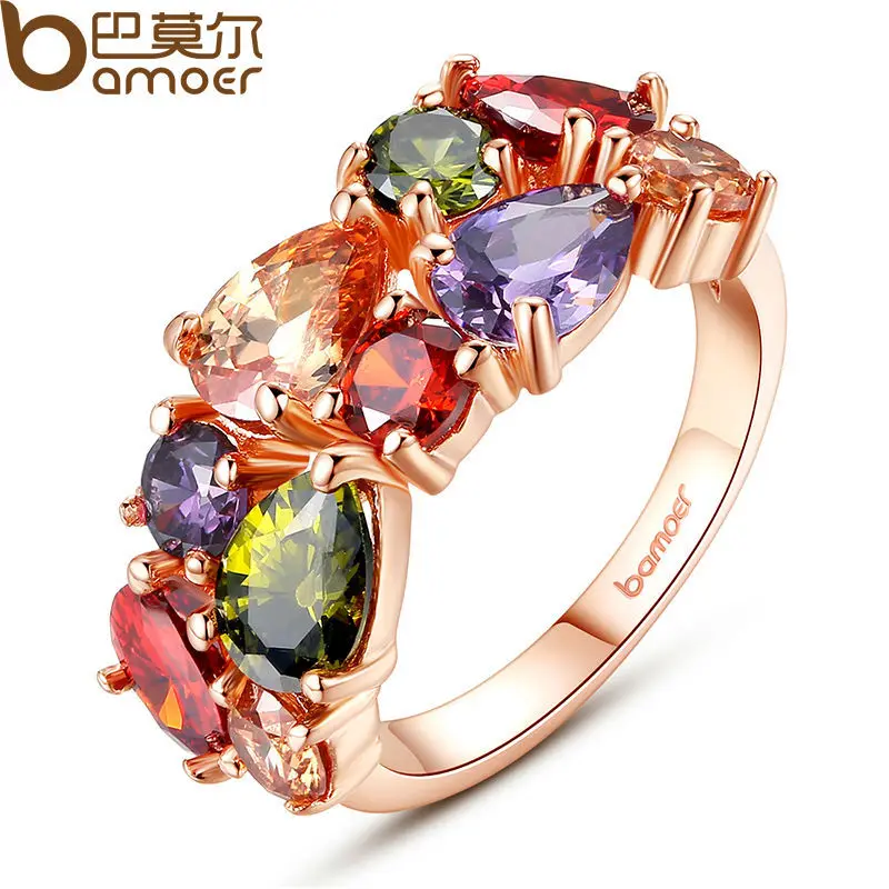 BAMOER Mona Lisa Anel Projeto Original Cor de Rosa de Ouro para a Fêmea Do Casamento com AAA Colorido Cubic Zircon Bijouterie JIR052
