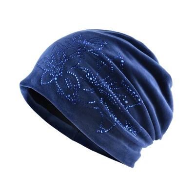 TQMSMY Brand Women's Beanie Lily Flower Rhinestones Hat Women Shine Velvet Kintted Skullies Cap Female Beanie Beanies Cap TMDH59 - Цвет: BLUE