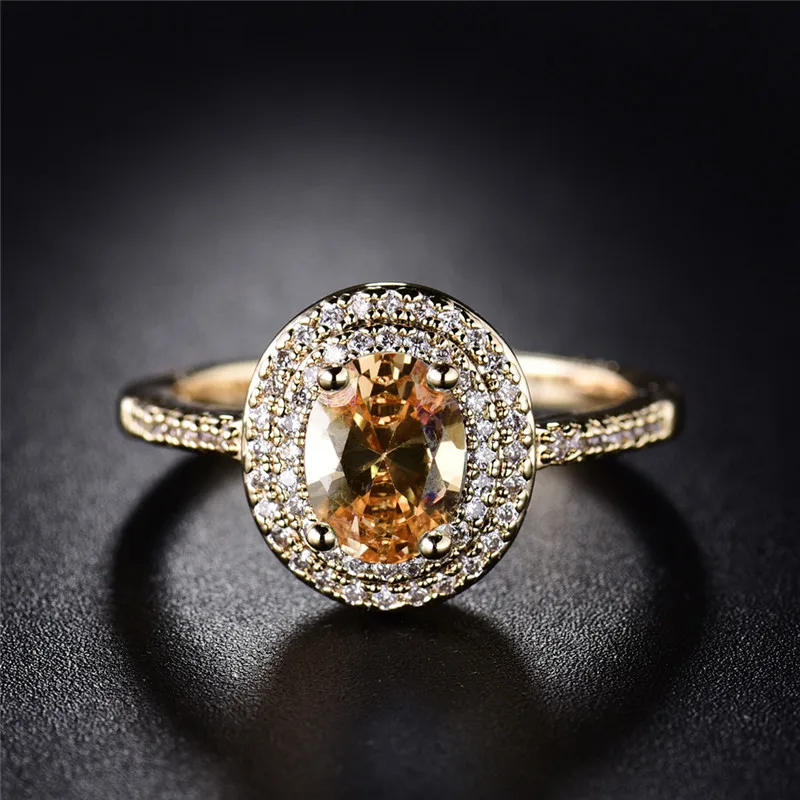 BUDONG Стильное кольцо на палец для женщин золотого цвета Блестящий большой оранжевый Овальный Кристалл циркония роскошные свадебные ювелирные изделия XUR295