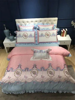 

2017 Elegant embroidery Luxury Princess Bedding set Egypt Cotton King Queen Size 4/7pcs pink Bed set Duvet cover bedsheet