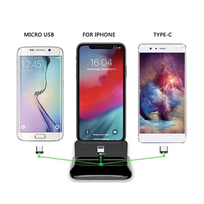 

Romatlink Magnetic Charging Base Phone holder Stand For Iphone Android For xiaomi 9 Phone Type-C Three-In-One Magnetic Charger