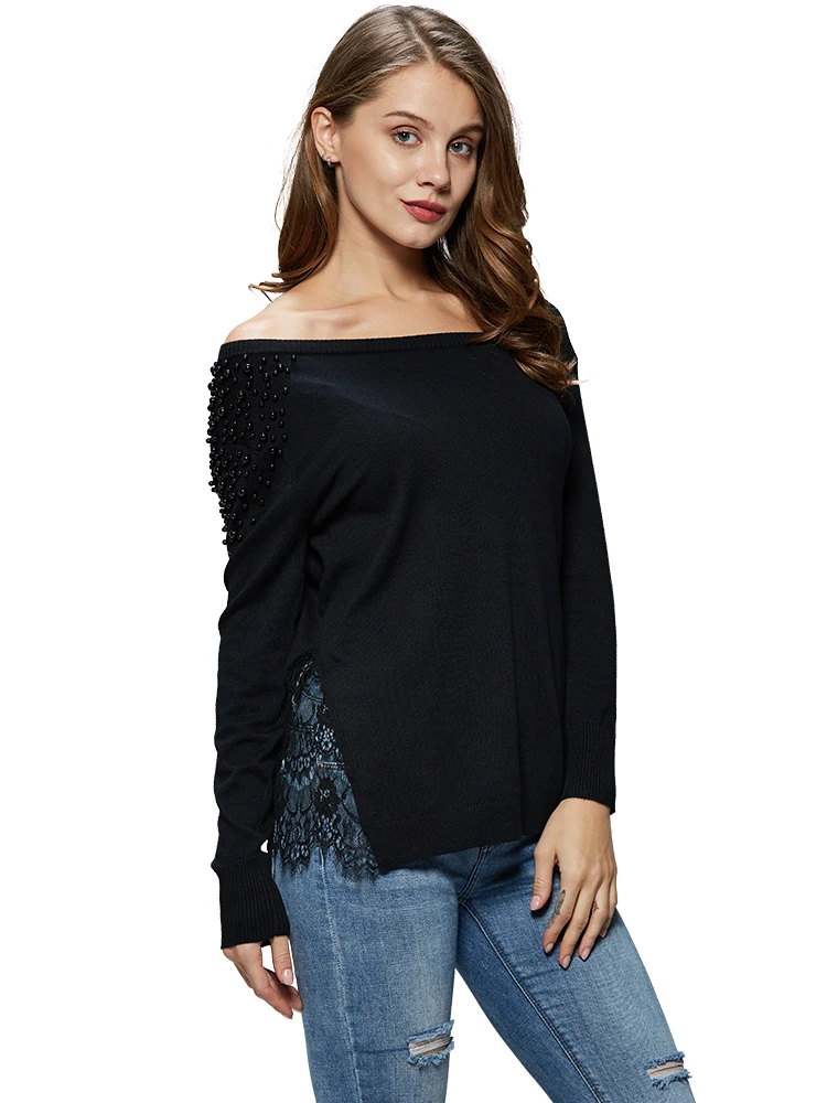 GLO-STORY 2018 Fashion Women Off-Shoulder Solid Pullover Sweater Beading Lace Open Hem Sexy Female Knitted Tops WMY-4972 GLO-STORY 2018 Fashion Women Off-Shoulder Solid Pullover Sweater Beading Lace Open Hem Sexy Female Knitted Tops WMY-4972