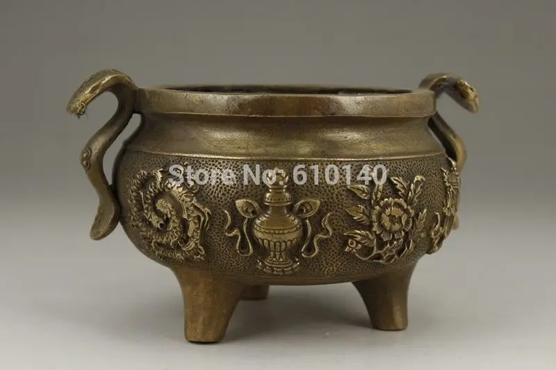

CHINESE OLD BRASS HANDWORK CARVING DRAGON FLOWER INCENSE BURNER