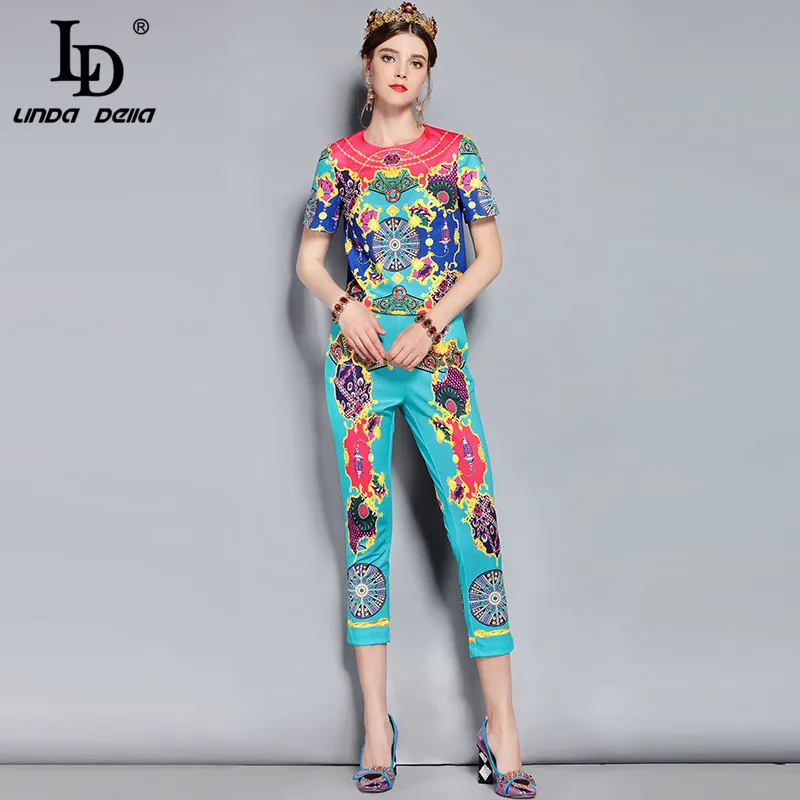 LD LINDA Делла, новинка, весна-лето, модный подиумный Дизайнерский Костюм, женский пуловер, топ с принтом, винтажные длинные штаны, комплект