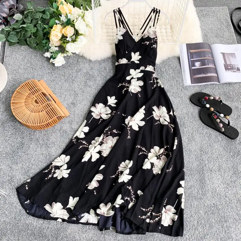 

Sanya Thai Seaside Holiday Skirt Printed V-Collar, Backless, Slender Goddess, Large Swing Dress 2019