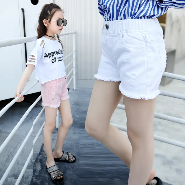 Baby Teenager Summer White Pink Denim Shorts For Girls High Quality Teens Girl Short Jeans 4 5 6 7 8 9 10 11 12 Years Old Kids 2