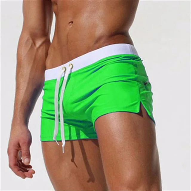 Новые сексуальные плавки с задними плавки с карманами мужские плавки горячие быстросохнущие трусы пляжный шорты купальник Мужские шорты купальные - Цвет: Apple green
