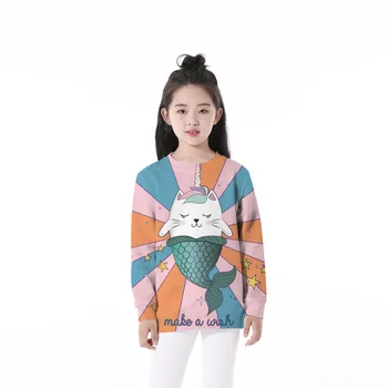 

Girls 4-12 Y Spring Autumn Hoodless Long Sleeve 3D Digital Print Fish Unicorns Pattern Hoodies Casual Loose Fit Girls Hoodies