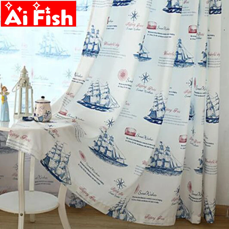 

New Arrival Cartoon Curtain For Kitchen Living Room Print Sailing Ship Design On The Sea Design Fabric For Kids Room Ap354#30
