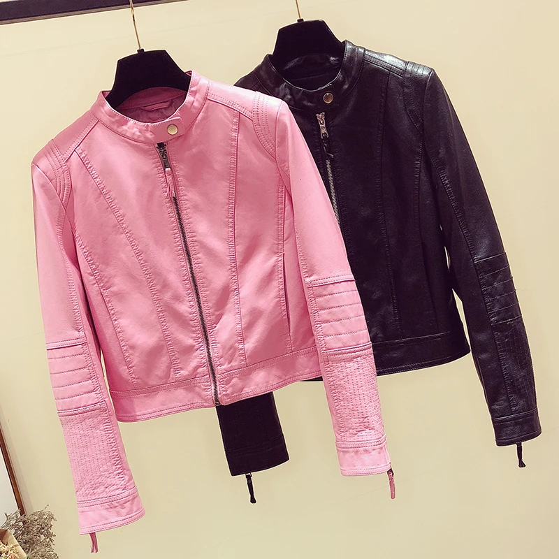 

2019 Black Leather Jacket Women New Motorcycle Short PU Jacket Long Sleeve Pink PU Leather Stand Collar Biker Coats AS1300