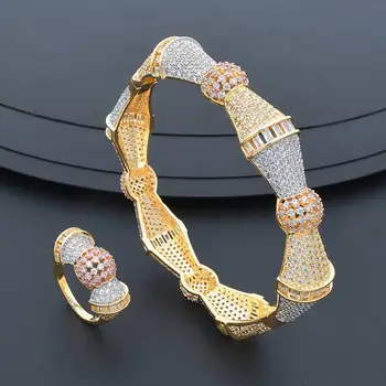 

ModemAngel New Arrive Luxury Bamboo Shape Super Cubic Zriconia Width Bracelet Bangle Ring Set Saudi Arabic Dubai Bangle Ring