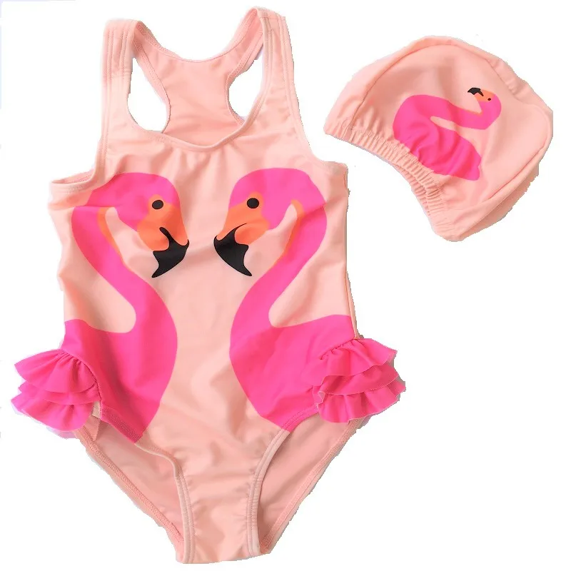 Girls Swimwear Cute Kids Swimsuit With Swimming Cap Swan Flamingo 2018 Baby Girl Bathing Suit One