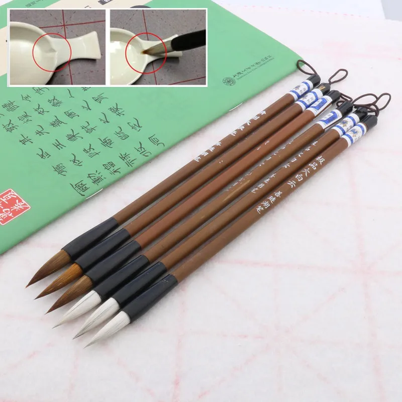 

6Pcs Mixed & Weasel Calligraphy Hair Brush Pen Set + 1 Simple Inkstone