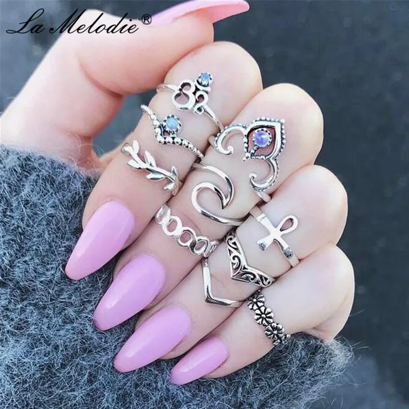 

New Bohemia Wedding Ring For Women Jewelry Purple Blue Crystal Love Ring Crosses Rings Set for Girl Knuckle Rings Set 10PCS