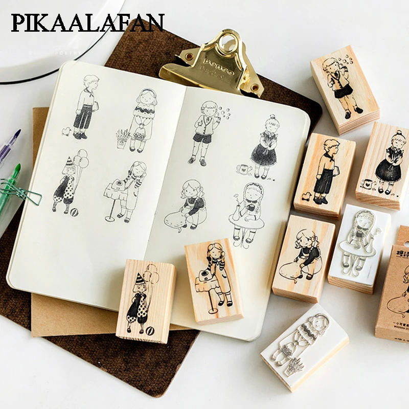 

PIKAALAFAN Small Lovely Series Wooden Seal Rubber Hand Account Album Diary Decoration DIY 8 Choices Stamp Toy
