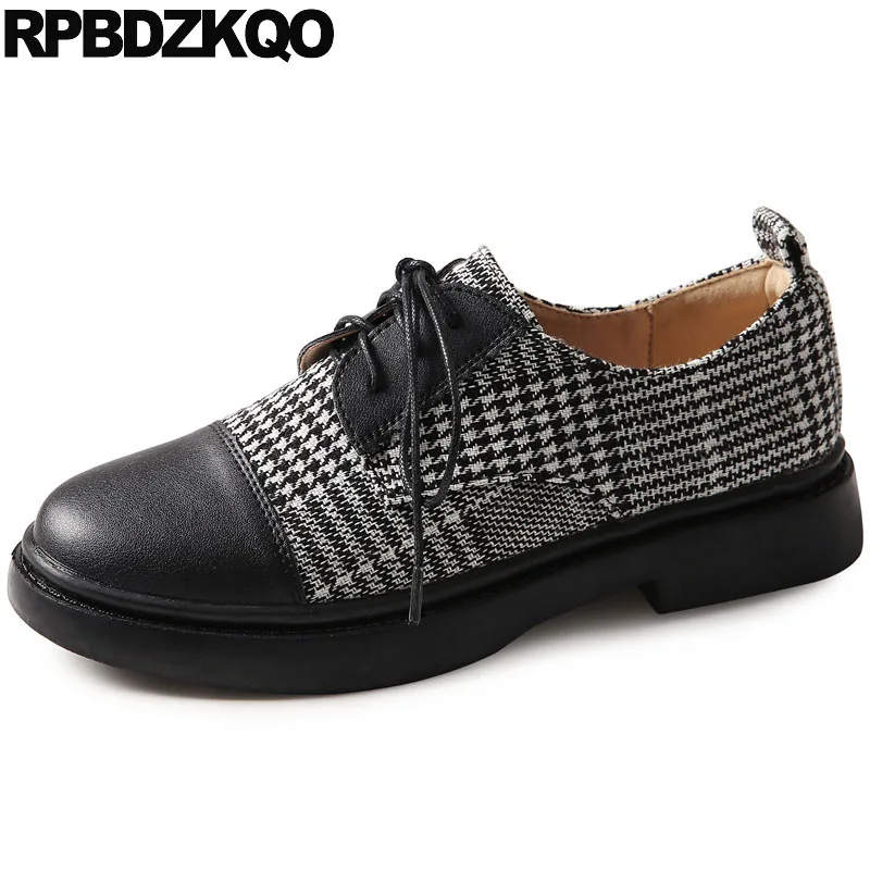 

Designer Round Toe Ladies Brown Rubber Sole Lace Up Black 2018 Flats Vintage Women Oxfords Shoes Plaid Japanese School Patchwork